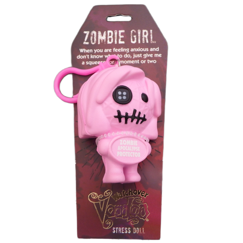 Pink zombie-themed stress doll with packaging on a white background