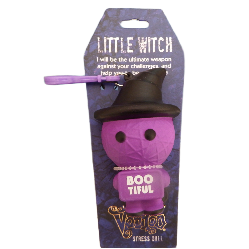 Purple stress doll with witch hat on packaging labeled 'Little Witch' and 'Venus'.