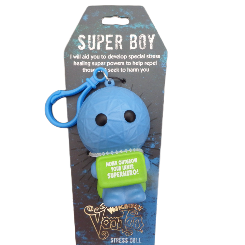 Blue stress doll with a green label on a gray packaging background