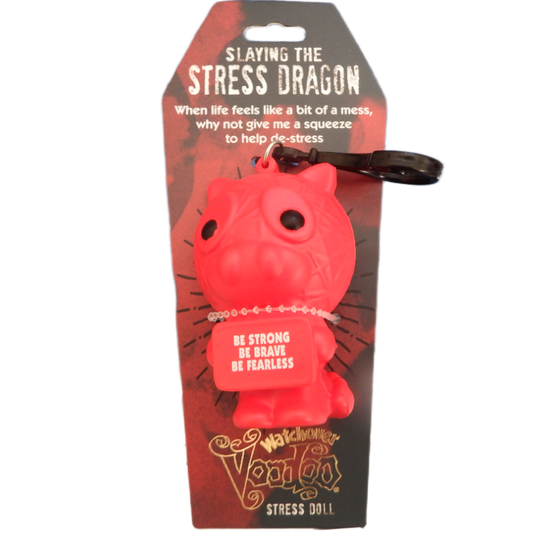 Red stress doll with packaging featuring text and branding