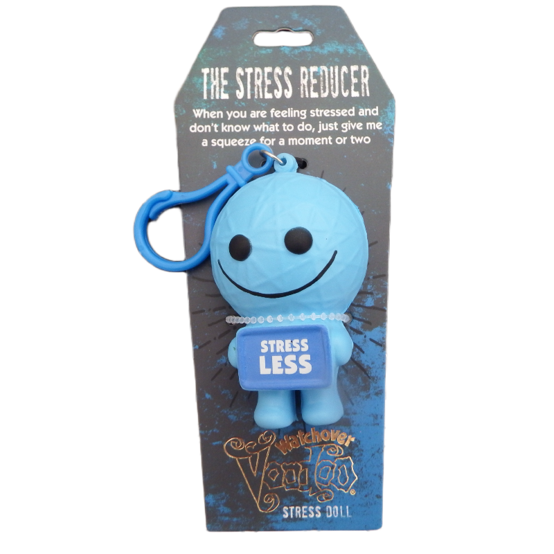 Blue stress doll with packaging on a white background