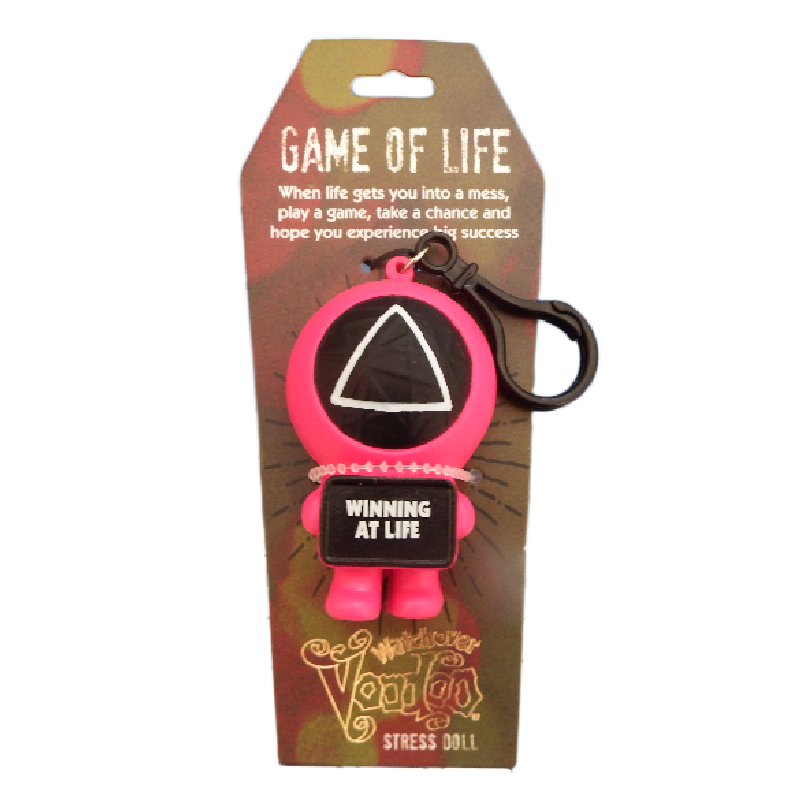 red game of life stress doll holding sign with caption winning at life