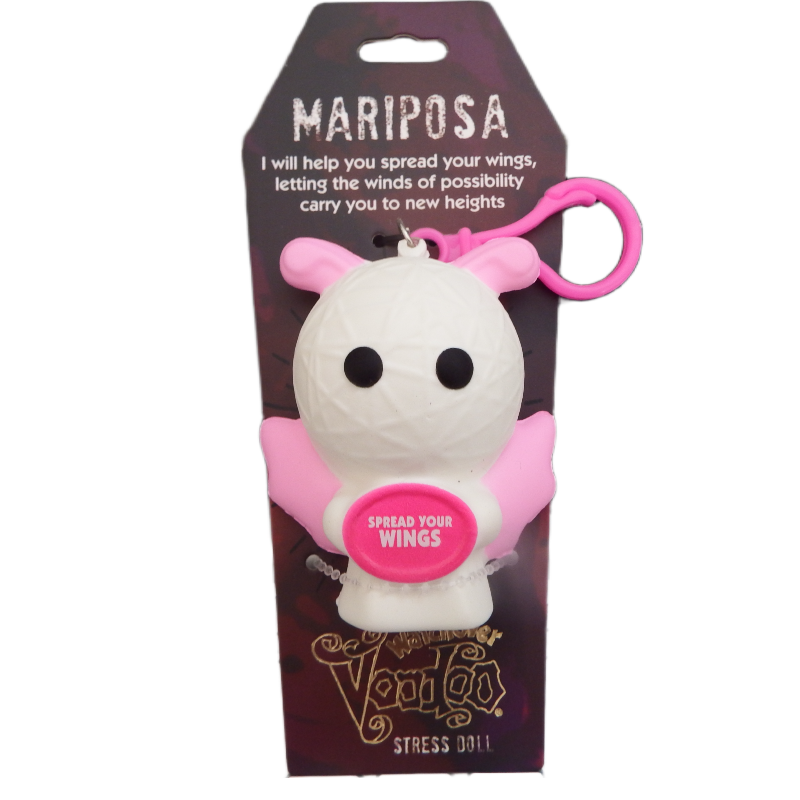 Mariposa stress ball with pink wings and keychain on a VooDoo Doll packaging