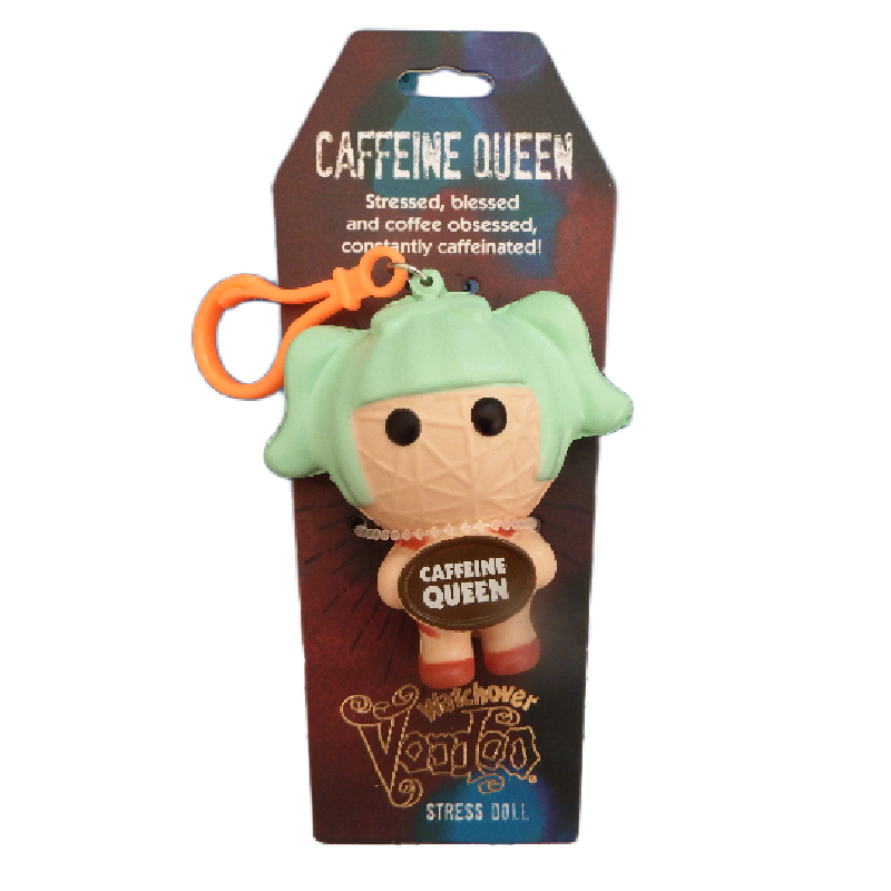 Stress doll with green hair and orange clip on packaging labeled 'Caffeine Queen'.