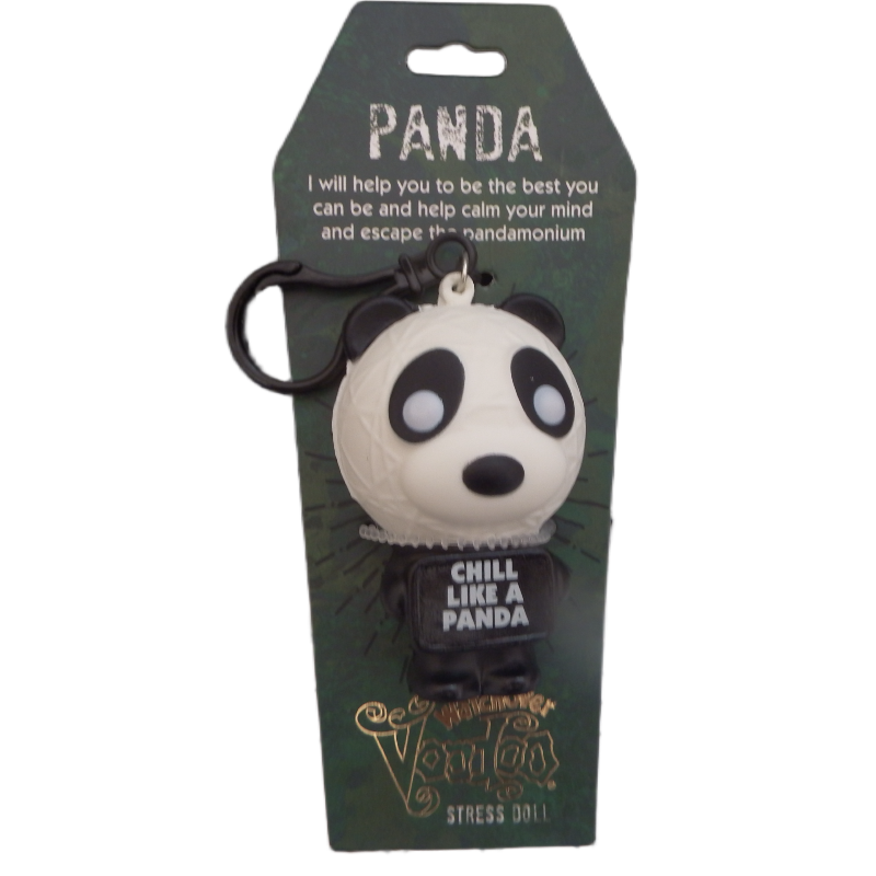 Panda-shaped keychain with text on a green packaging background