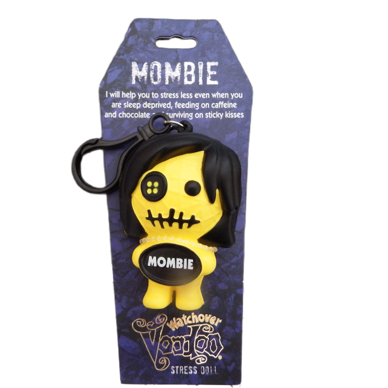 Yellow stress doll with black hair and eyes, labeled 'Mombie', on a purple packaging background.
