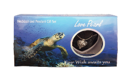 Necklace and bracelet gift set packaging with turtle illustration and 'Love Pearl' text.