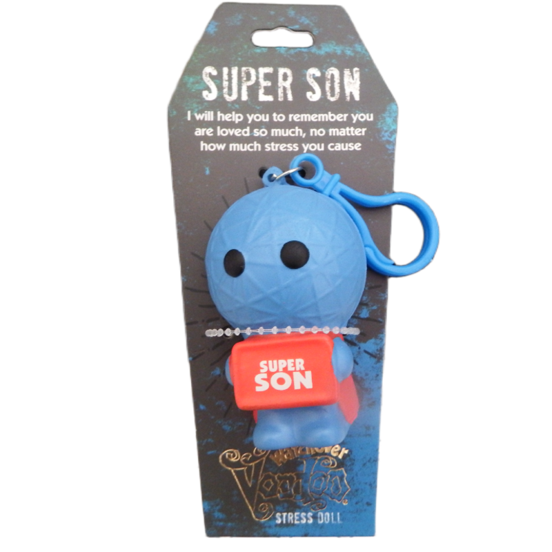 Blue stress doll with red shirt labeled 'Super Son' on a black packaging background.