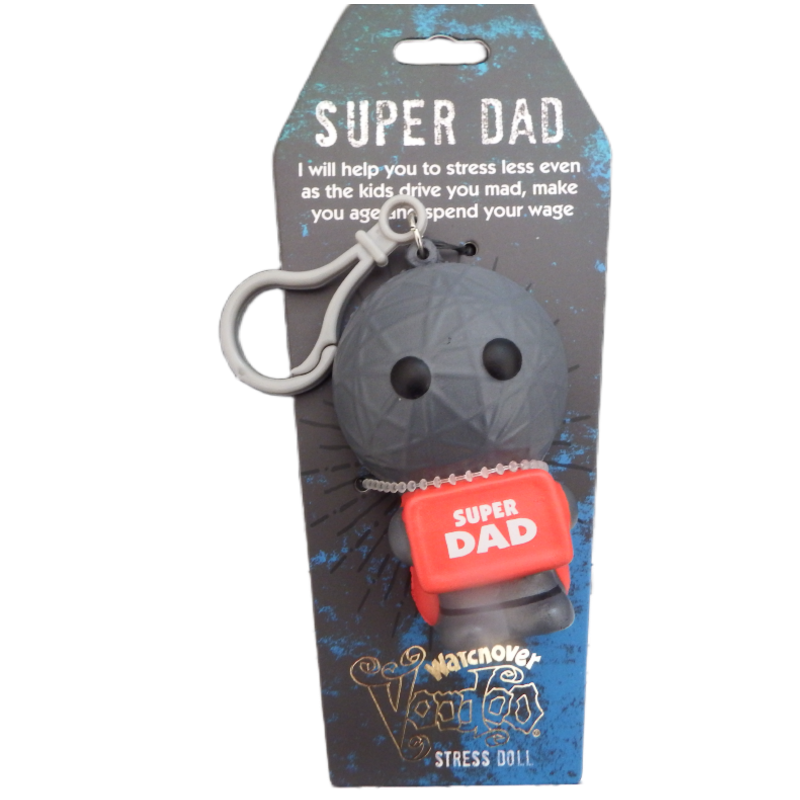 Grey Stress doll with 'Super Dad' label on packaging