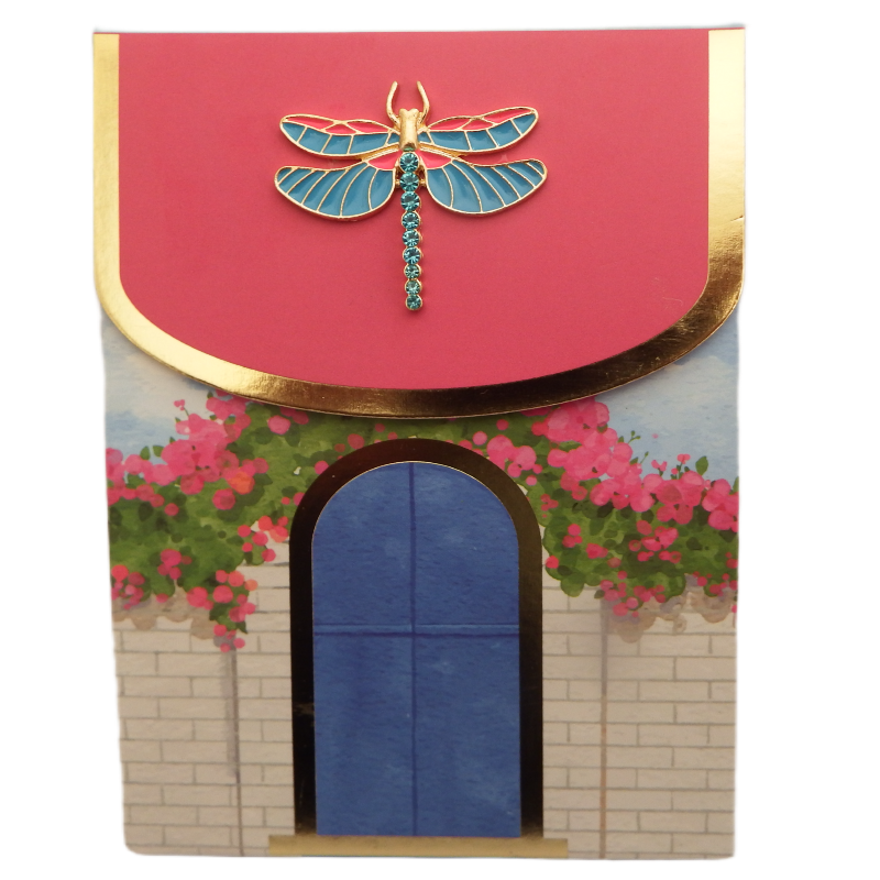 Decorative card with a dragonfly design on a red background