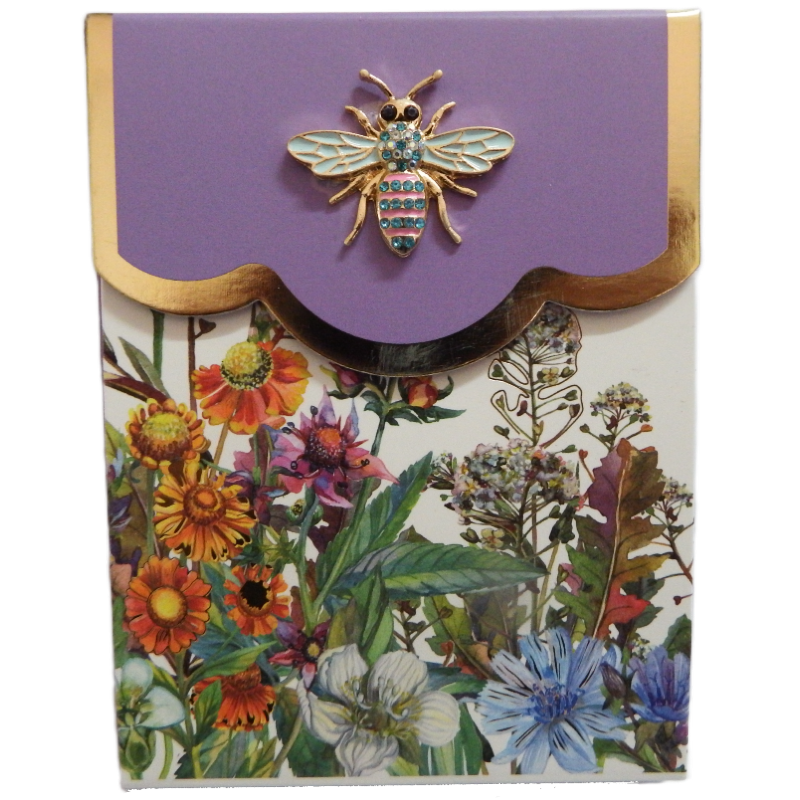 Floral-patterned Bling Purse pad with a decorative bee on a purple a white background with gold border fold down flap