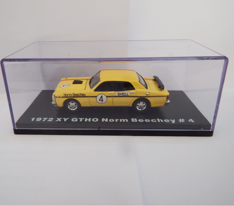 Model car of a 1972 XY GTHO Norm Beechey #4 in a clear display case.