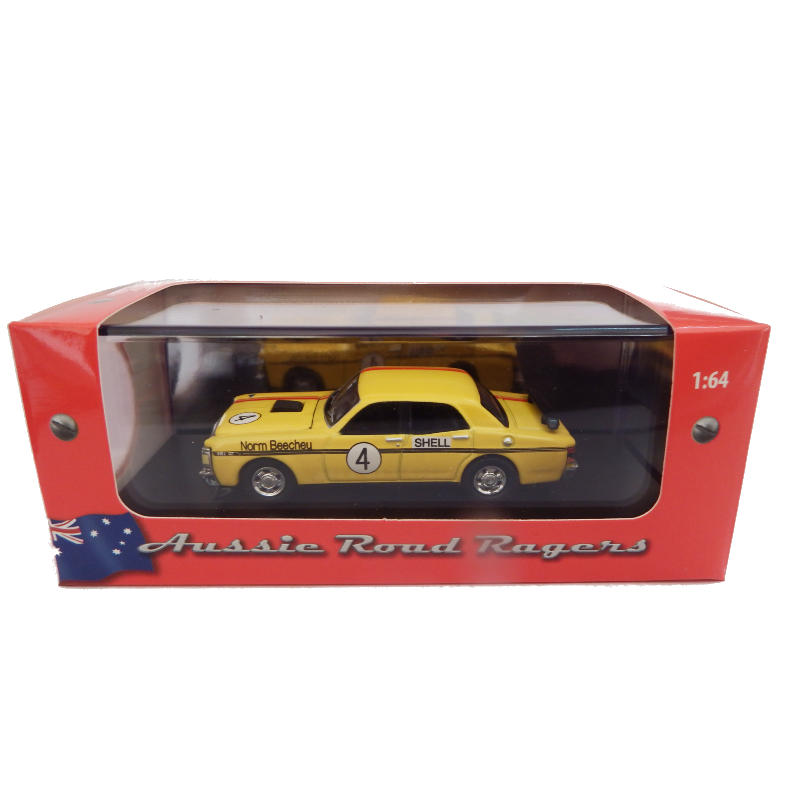 Yellow 1982 XY GTHO model car Raced by Norm Beechey#4 in a Red 'Aussie Road Racers' box on a white background