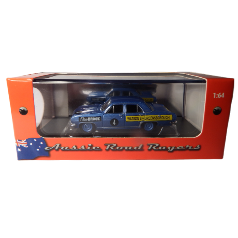 Model car in a 'Aussie Road Ragers' red box with a blue car on a white background