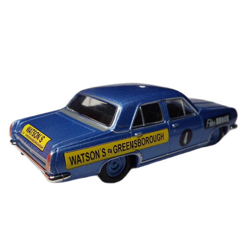Blue model car with yellow advertisement on a white background