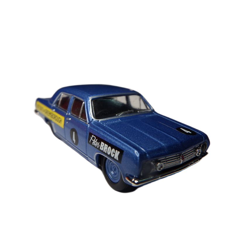 Blue model car with 'Peter Brock' branding on a white background