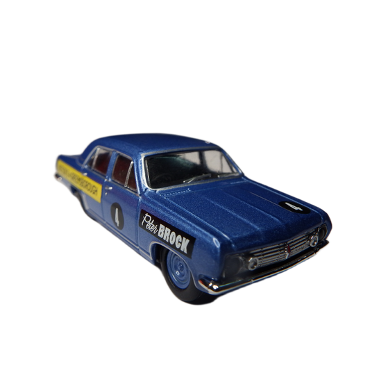 Blue model car with 'Peter Brock' branding on a white background