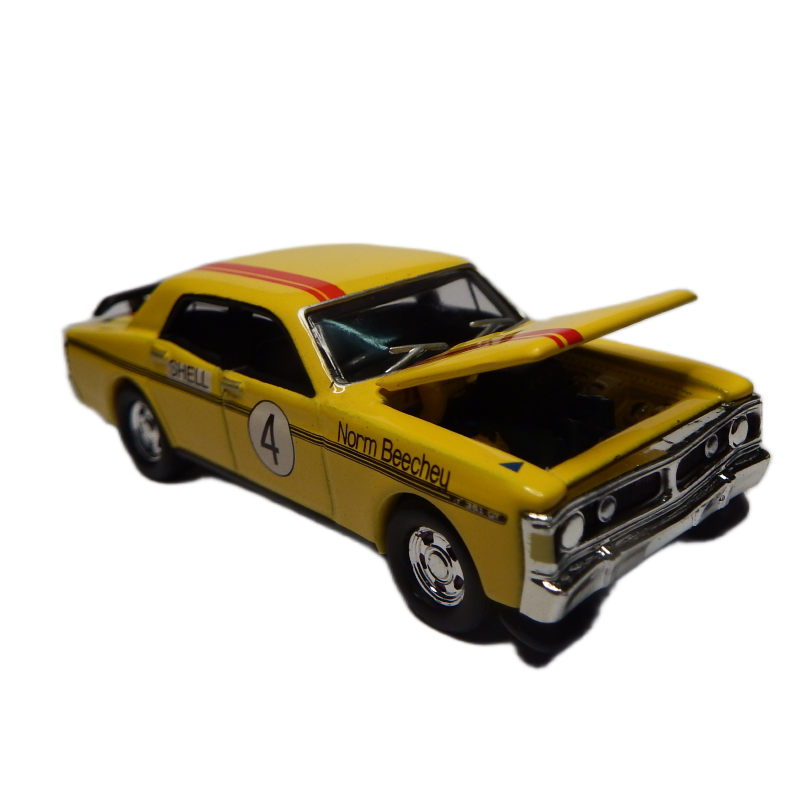 Yellow model car with number 4 on a white background