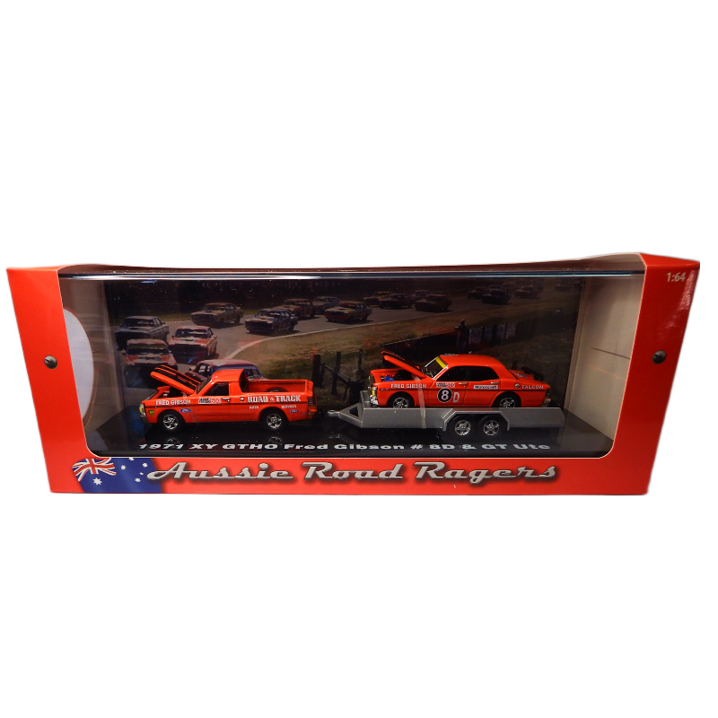 2 Model cars in a display case with 'Aussie Road Racers' branding.
