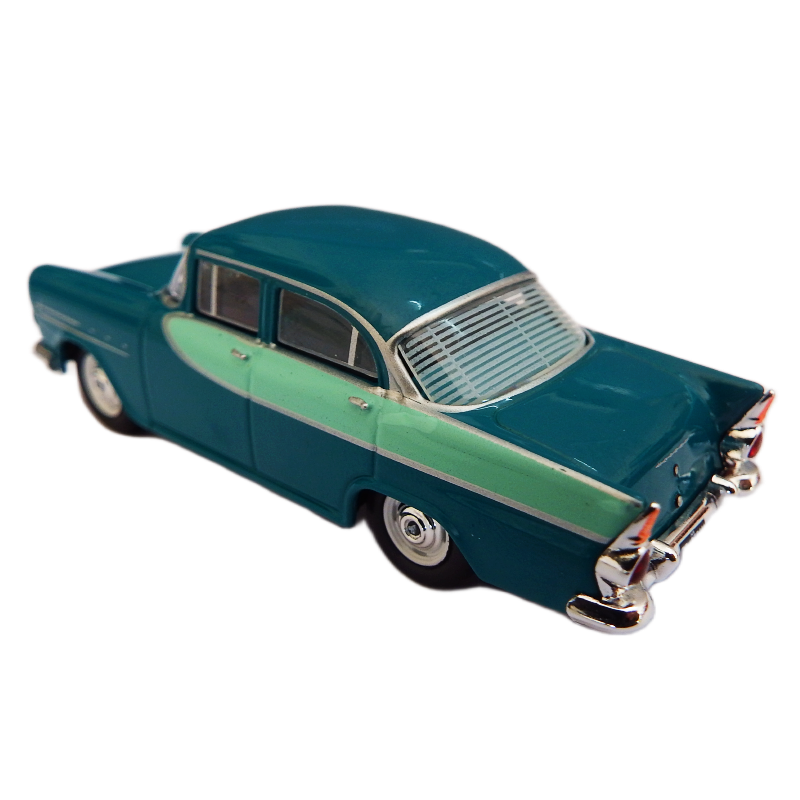 Model of a classic car with a green and white color scheme on a white background