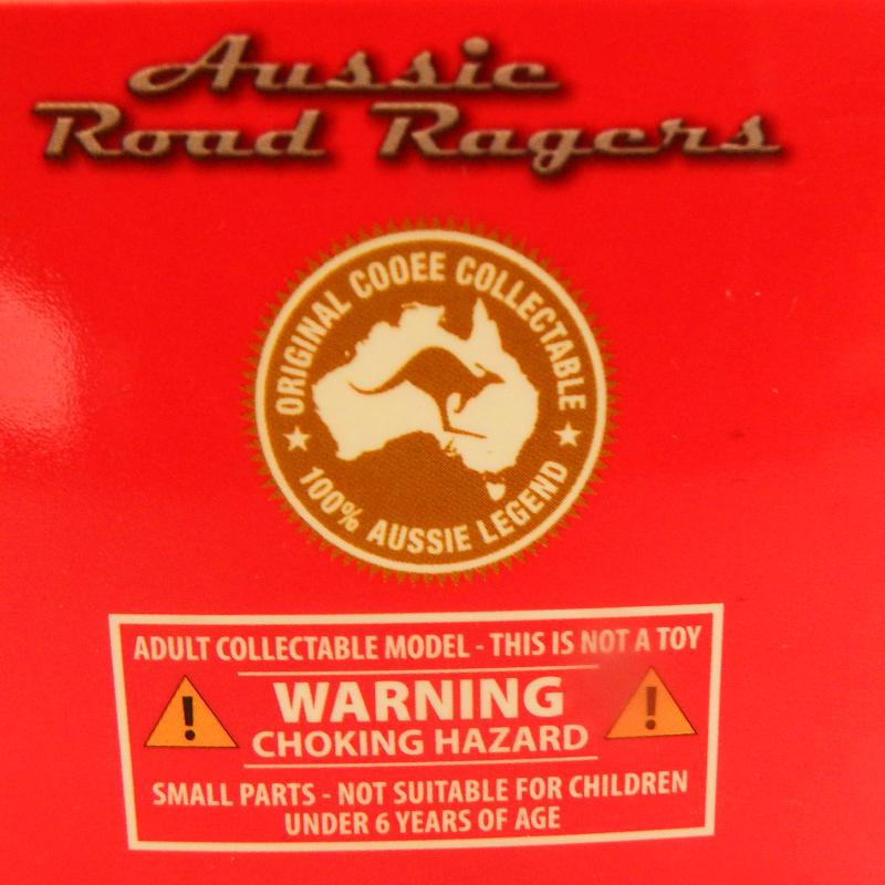 Red collectible item packaging with 'Aussie Road Racers' branding and warning label. Adult Collectable model this is not a toy, Warnng Choking Hazard, Small parts-not suitable for children under 6years of age