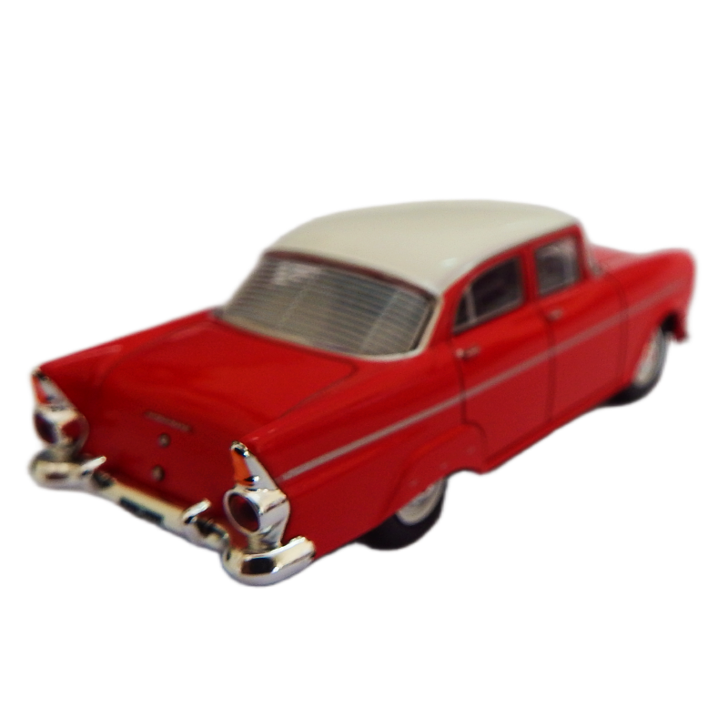 Red and white model car on a white background
