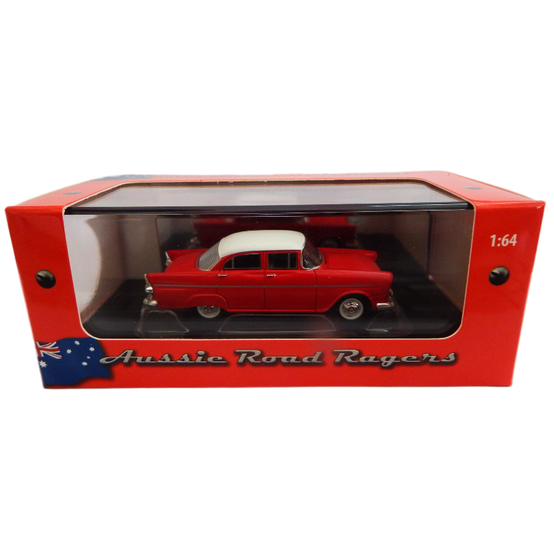 Red and white model car in a clear display case with 'Aussie Road Rogers' branding on a white background.