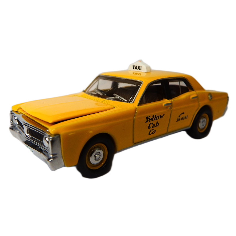 Model 1:64 scale yellow taxi car with 'Yellow Cab Co' branding on a white background