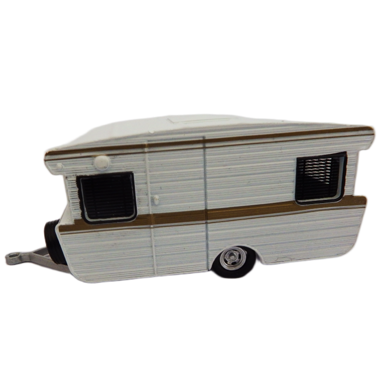 Model of a vintage-1968 Vicount Caravan metalic silver on a white background