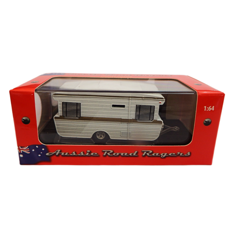 Model of a caravan in a red box with 'Aussie Road Rogers' branding.