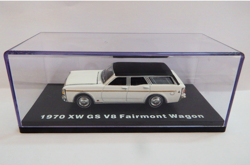 Model of a 1970 XW GS V8 Fairmont Wagon in a clear display case.