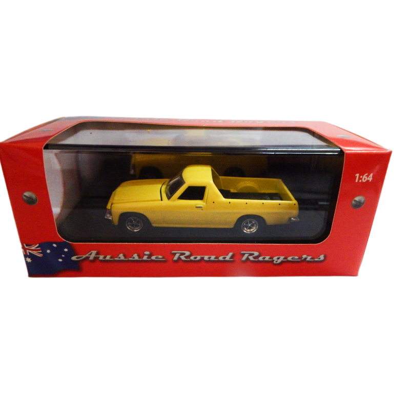 Yellow model truck in a red box with 'Aussie Road Rangers' branding.