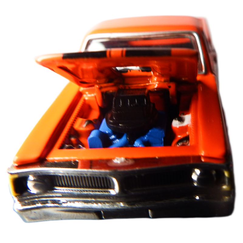Model car with open hood showing engine on a white background