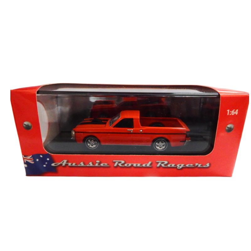 Red model car in a transparent box with 'Aussie Road Rogers' branding on a white background