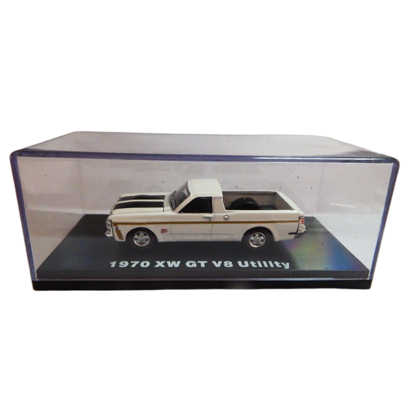 Model of a 1970 XW GT V8 Utility truck in a clear display case.