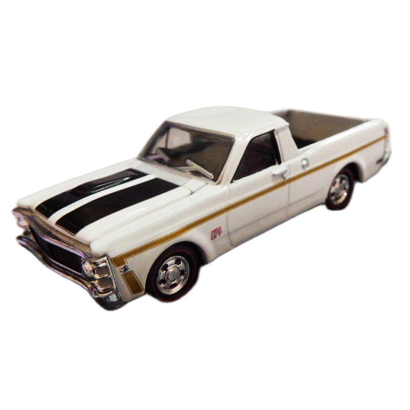 Model of a white pickup truck with black and gold stripes on a white background
