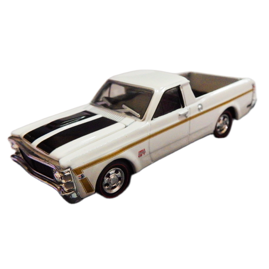 Model of a white pickup truck with black and gold stripes on a white background