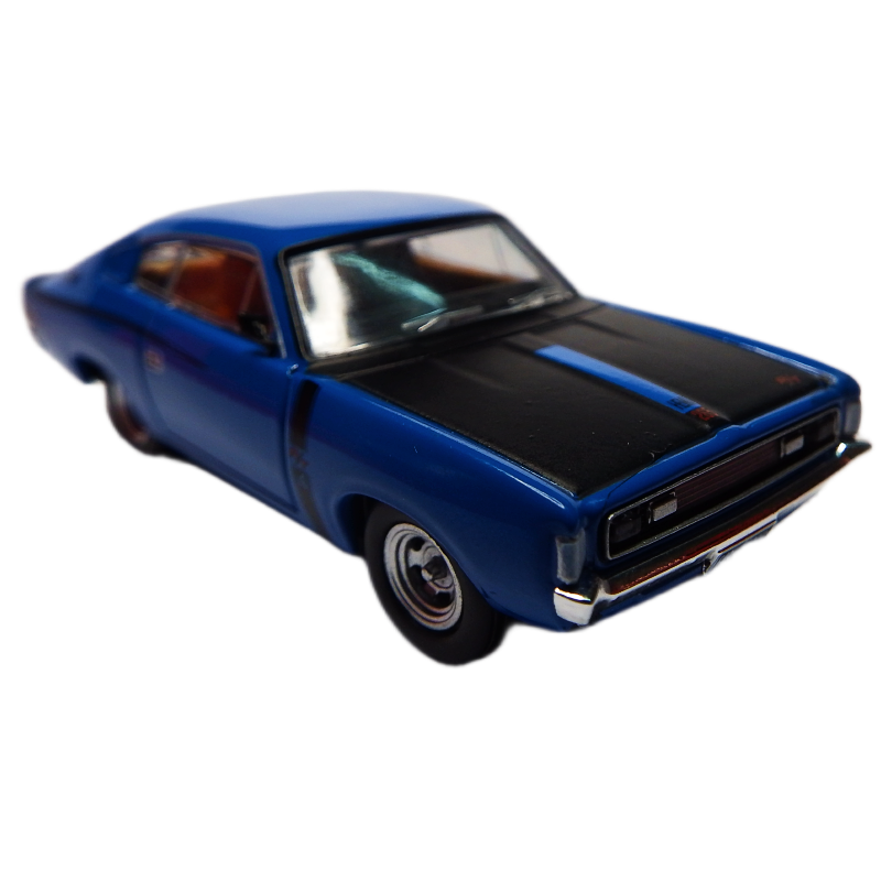 Blue and black model car on a white background