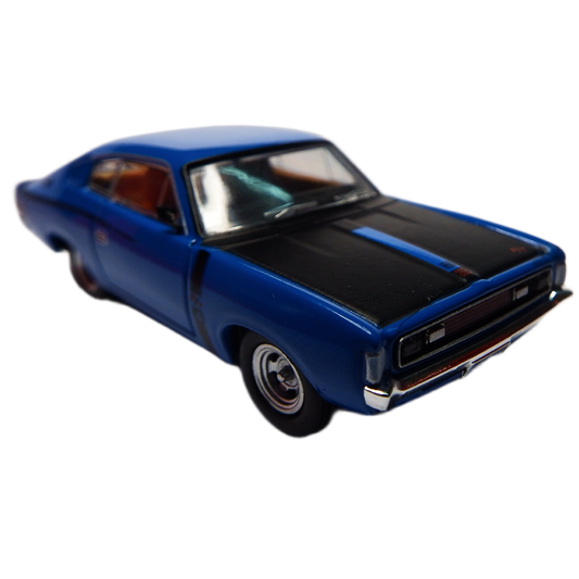 Blue and black model car on a white background