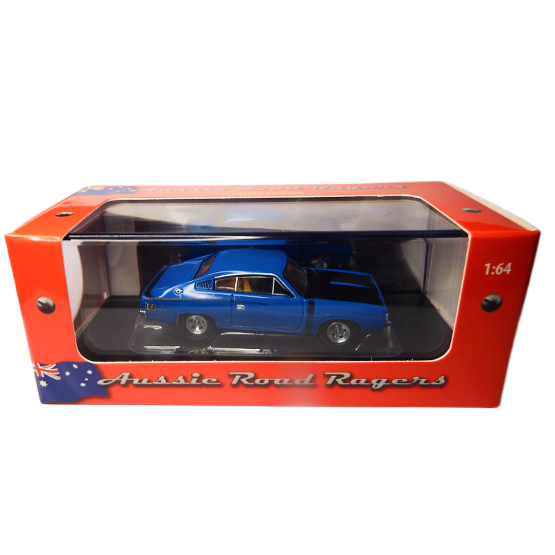 Blue model car in a red box with 'Aussie Road Rangers' branding