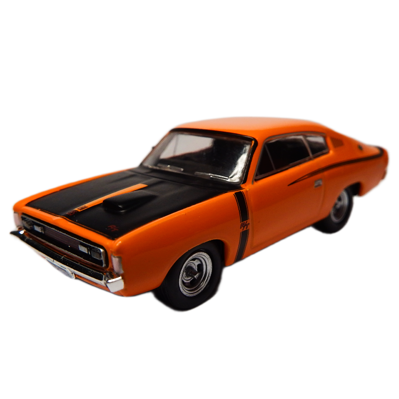 Orange and black model car on a white background