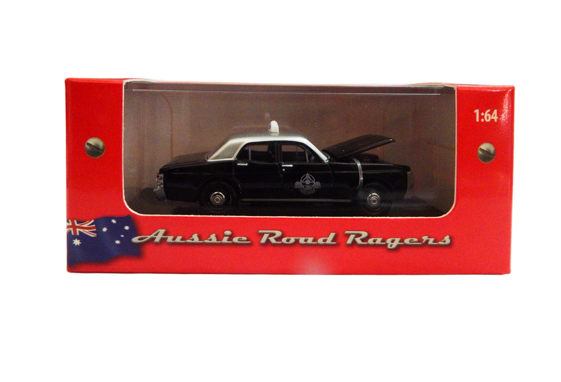 Model car in a red box with 'Aussie Road Rogers' branding