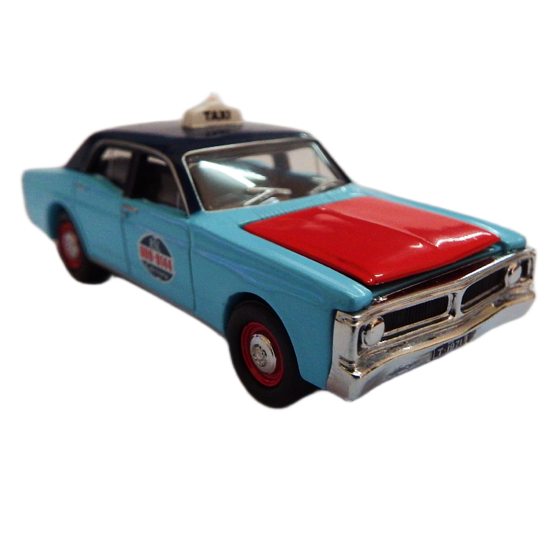 Model RSL XY Falcon taxi car with a blue body and red roof on a white background
