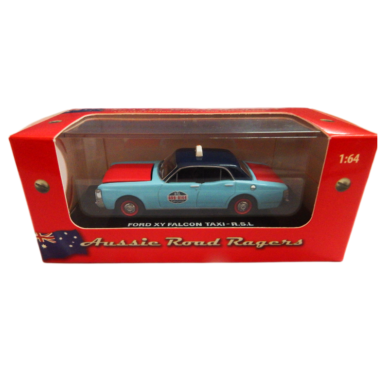 Model taxi in a red box with 'Aussie Road Ragers' branding