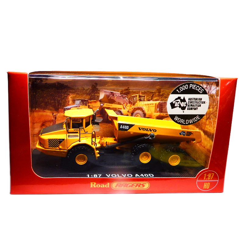 Model Volvo A40D truck in a transparent box with red border, featuring Road Kings branding.