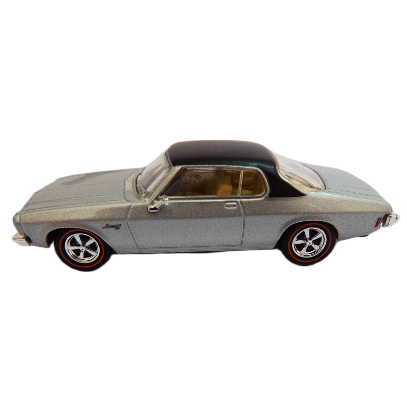 Cooee Classics Road Rager diecast model car 1:64 scale 1973 HQ Monaro LS 2 Door Silver with black roof Model car on a white background