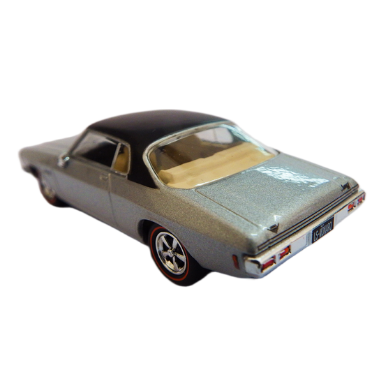 Cooee Classics Road Rager diecast model car 1:64 scale 1973 HQ Monaro LS 2 Door Silver with black roof Model car, facing side back Model car on a white background