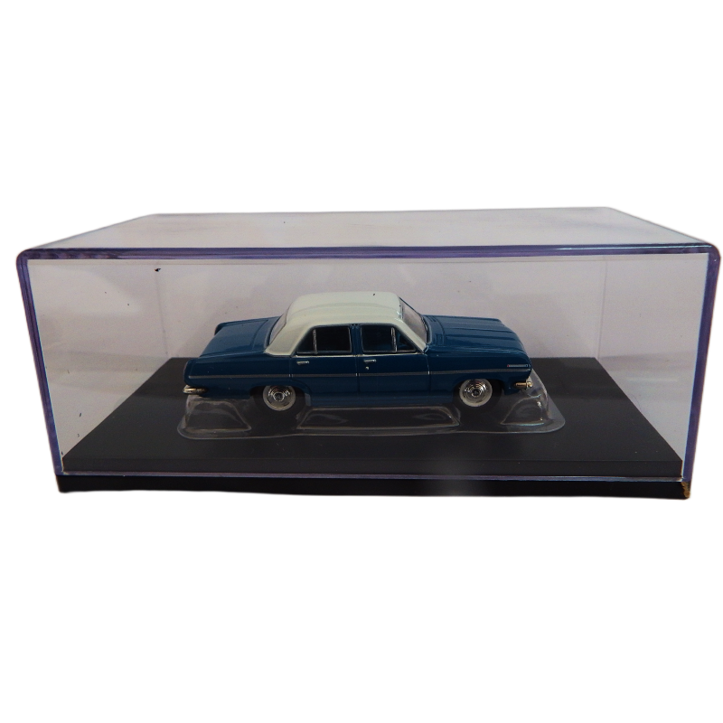 Cooee Classics Road Ragers Model 1:64 scale 1968 HR Special Aqua Blue with White roof car on a white background in a clear display case on a white background