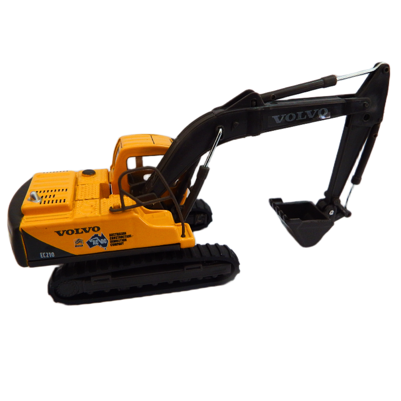 Toy excavator with Volvo branding on a white background