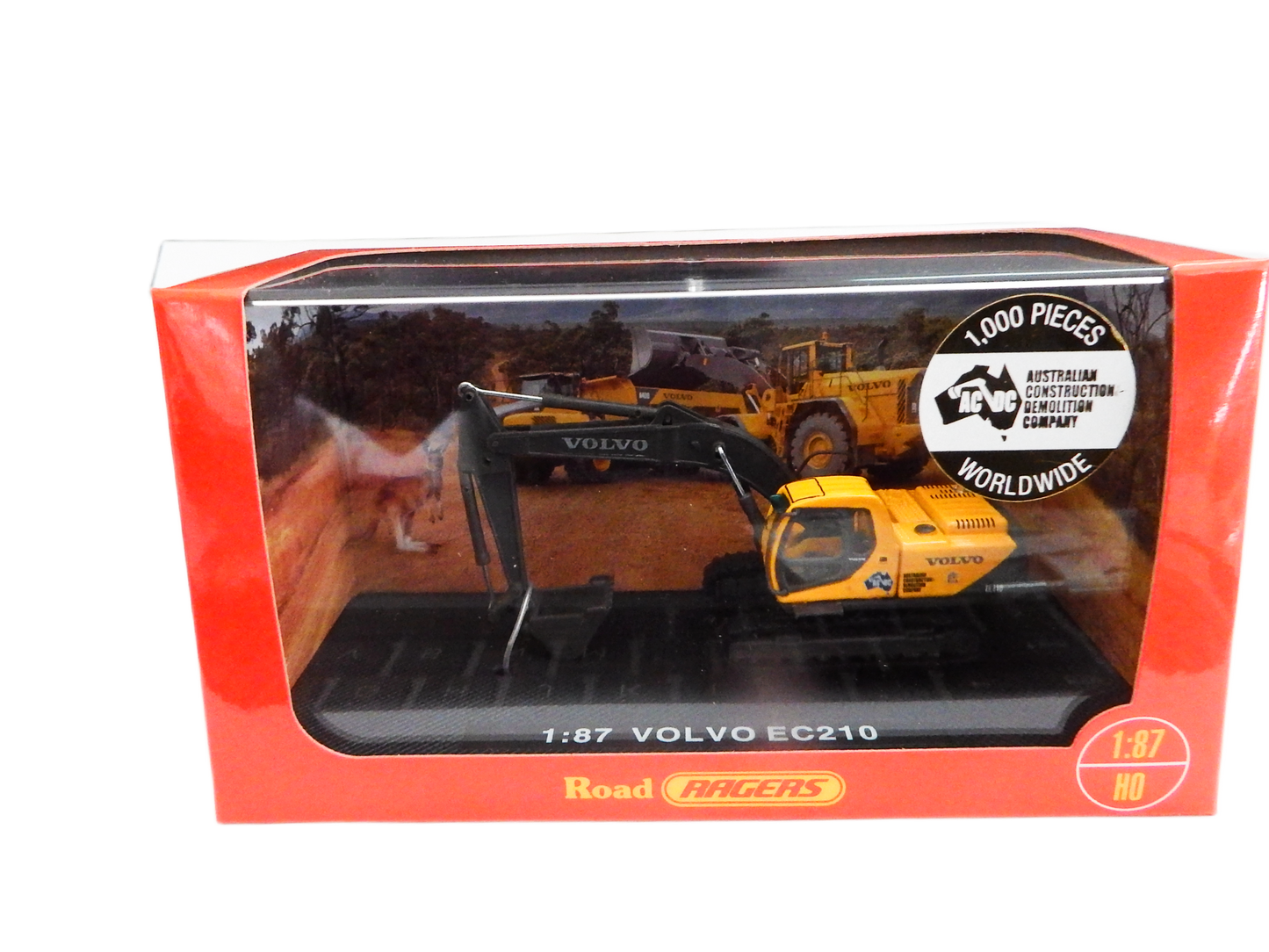 Model Volvo EC210 excavator in packaging with visible branding